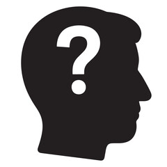 Flat black vector icon of human head and brain silhouette with question mark inside, symbolizing confusion, hesitation, and outline design PNG
