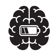 Flat black vector icon of human head and brain silhouette with low battery icon inside, symbolizing mental exhaustion, fatigue, and outline design PNG
