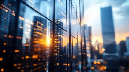 City skyscrapers reflecting a vibrant sunset with glowing windows and blurred buildings in the background, showcasing urban architecture and evening ambiance.
