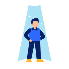 Confident person standing under a spotlight with a calm pose in a bright minimalist space showing expression and presence