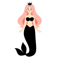 Cute Cartoon Mermaid Illustration with Pink Hair and Black Outfit Design