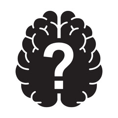 Flat black vector icon of human head and brain silhouette with question mark inside, symbolizing confusion, hesitation, and outline design PNG