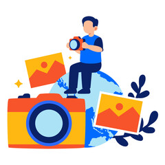 Celebrating world photography day by capturing inspiring moments with a globe and camera in a vibrant artistic composition