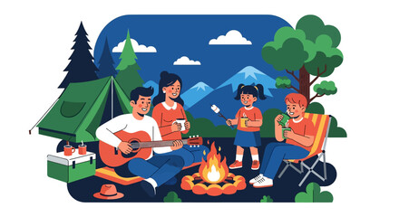 Adobe illustrator artwork vector illustration of a family camping outdoors, sitting around a campfire, roasting marshmallows, and enjoying music. Depicts a happy and relaxing nature getaway.