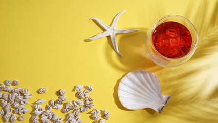 Arranged flat lay of summer holiday concept with cold refreshing summer beverage, strawberry or...