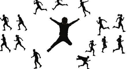 Silhouettes of Runners Surrounding a Jumping Person.