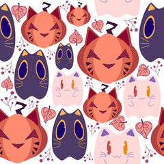 Colorful Halloween pattern with cats, cat, pumpkin, ghost, and foliage on white background. Seamless pattern