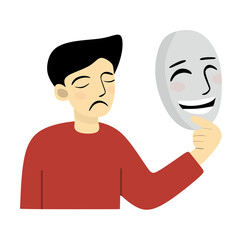 Man Holding Happy Mask Symbolizing Depression