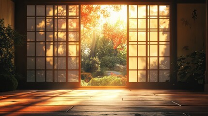 Japanese Room with Open Doors Framing a Vibrant Autumnal Garden Scene