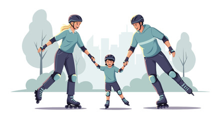 Obraz premium Adobe illustrator artwork vector illustration of a family rollerskating together, with parents helping their child. Perfect for depicting active family fun, outdoor recreation, and learning new skills