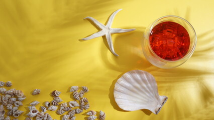 Arranged flat lay of holiday concept with cold refreshing summer beverage, strawberry or cranberry...