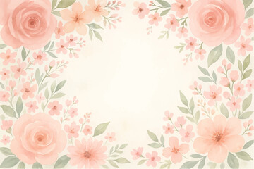 Vintage floral background with romantic pink roses, elegant frame, and decorative hearts for a wedding or Valentine's Day card design