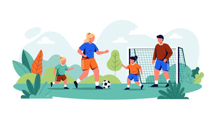 Adobe illustrator artwork vector illustration of a family playing soccer outdoors in a park, with a father, mother, and two children enjoying the game together. Perfect for active lifestyle and sports