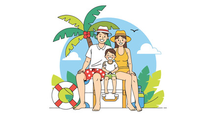Adobe illustrator artwork vector illustration of a family on a beach vacation, sitting on luggage under a palm tree with a lifebuoy. Perfect for themes of summer travel, tropical holidays