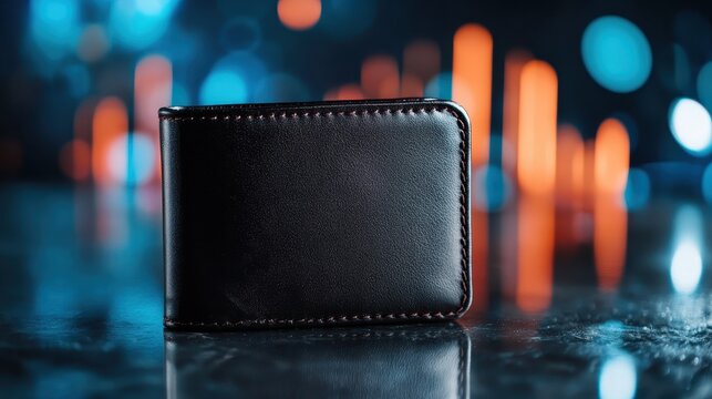 A polished brown leather wallet is elegantly displayed on a reflective table, capturing the essence of luxury and sophistication in everyday accessories for modern life.