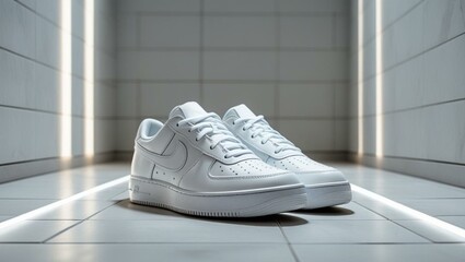 White Sneakers on Tiled Floor with Soft Rim Lighting