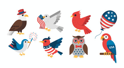 Obraz premium Patriotic bird and animal set. Eagle, cardinal, dove, owl, firecracker, hat, and star bird illustrations with American styling 