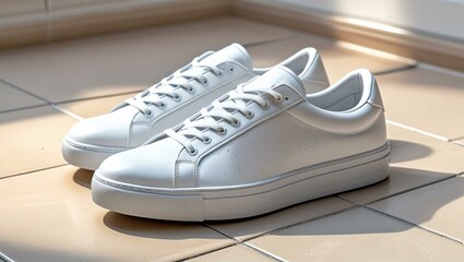 White Sneakers on Tiled Floor with Soft Rim Lighting