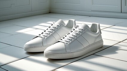 White Sneakers on Tiled Floor with Soft Rim Lighting
