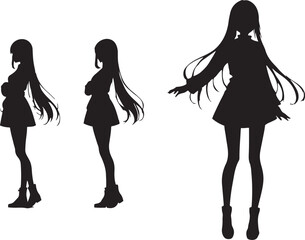 Silhouettes of anime girl in various poses standing alone against a white background illustrating character design and fashion