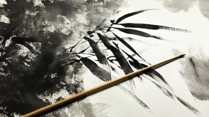 Abstract Ink Painting of Bamboo with Brush and Textured Paper