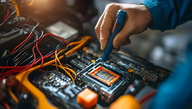 Car Fuse Box Electrical Testing with Multimeter.Technician Checking Automotive Fuses
