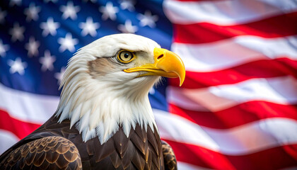 Patriotic Bald Eagle with American Flag in the Background. Independence Day.