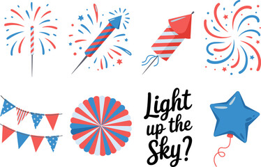 Obraz premium Independence fireworks pack set. Fireworks, garlands, flags, rockets, flash, and star shapes with light up the sky text element 