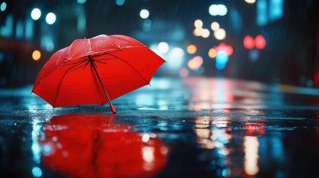 A striking red umbrella stands alone on a rainy city street at night, reflecting vibrant lights and creating an atmospheric mood of solitude and urban elegance. - Powered by Adobe