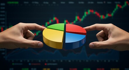 Investment portfolio management,vibrant pie chart overlaid on a financial dashboard, representing strategic data,Diversified strategy using stocks, bonds and commodities. 