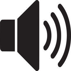 A black and white illustration of a speaker icon with sound waves emanating from the right side