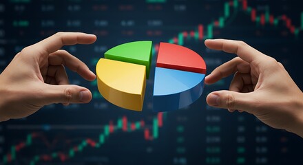 Investment portfolio management,vibrant pie chart overlaid on a financial dashboard, representing strategic data,Diversified strategy using stocks, bonds and commodities. 