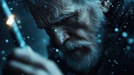An intense, brooding elderly man with a long beard and piercing gaze, standing in a snowy landscape, evoking strong emotions of resilience and the struggles of nature's harshness.
