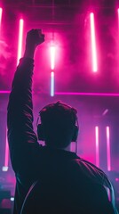 esports gamer pumping fist in neon arena.