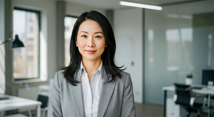 Fototapeta premium Beautiful elegant mature businesswoman in her 40s looking at camera standing in office. Smiling happy business woman leader, female executive of middle age posing for portrait in office at work.