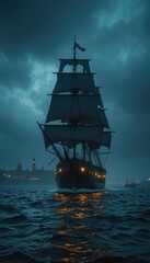 Fototapeta premium Dark Night Sailing Ship Cityscape Teal Ocean tall ship