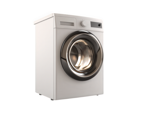 Front load washing machine white appliance modern design metallic drum isolated on transparency background household equipment clean laundry home technology