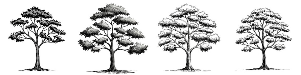 Four hand-drawn trees in monochrome vintage engraving style