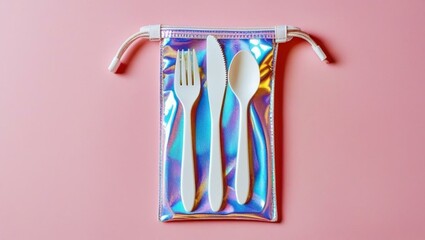 White Reusable Cutlery Set in Iridescent Pouch on Pink Background