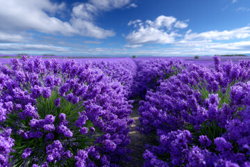 Obraz premium Lavender fields bloom under a bright blue sky with scattered clouds in summertime
