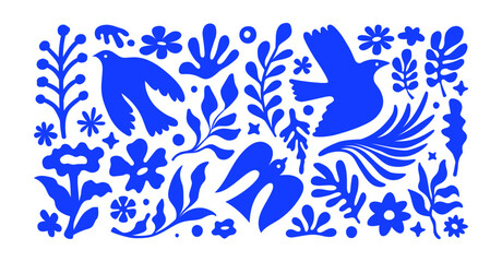 Vector illustration in simple hand drawn and linocut style - natural print, poster or logo design template - spring illustration - birds and flowers