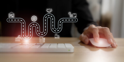 Digital procurement and supply chain management concept. Digital procurement process integrated with analytics, logistics, contracts, supply chain management. Digital transformation, business solution