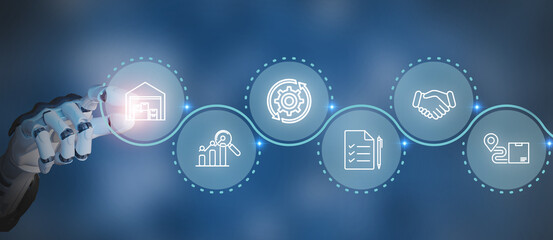 Digital procurement and supply chain management concept. Digital procurement process integrated with analytics, logistics, contracts, supply chain management. Digital transformation, business solution