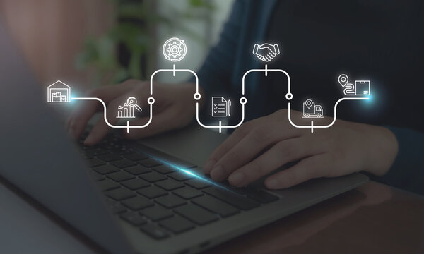 Digital procurement and supply chain management concept. Digital procurement process integrated with analytics, logistics, contracts, supply chain management. Digital transformation, business solution