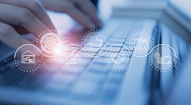 Digital procurement and supply chain management concept. Digital procurement process integrated with analytics, logistics, contracts, supply chain management. Digital transformation, business solution