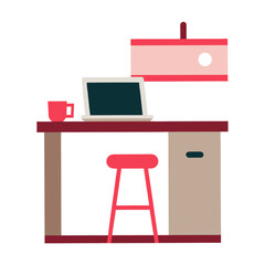 Modern home office setup with laptop mug stool and lamp