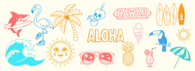 Tropical summer vector illustration set. shark, flamingo, skull, pineapple, surfboards, palm tree and more.