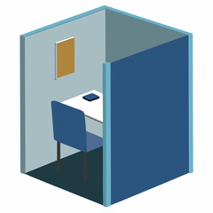 Modern office cubicle with desk chair and bulletin board