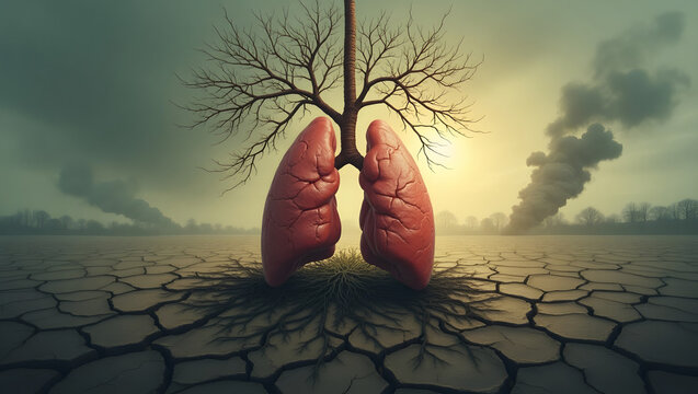 A hauntingly surreal illustration depicting the lungs as tree roots deeply entrenched in a deteriorating Earth