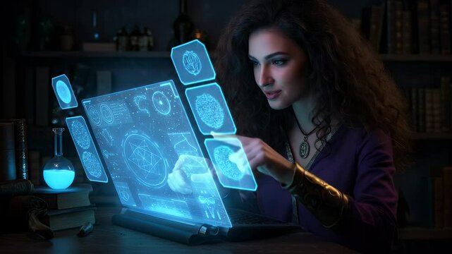 Woman in a dark room using a glowing laptop with magical symbols